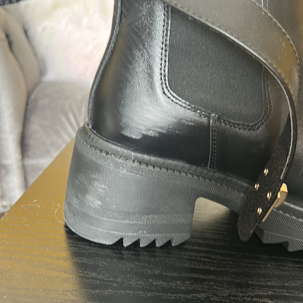 Steve Madden Black Leather Ankle Boots with gold accent. - Picture 3 of 15